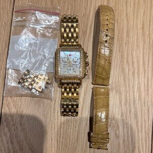 Michele Gold with Diamonds Art Deco Watch with extra chain links and strap